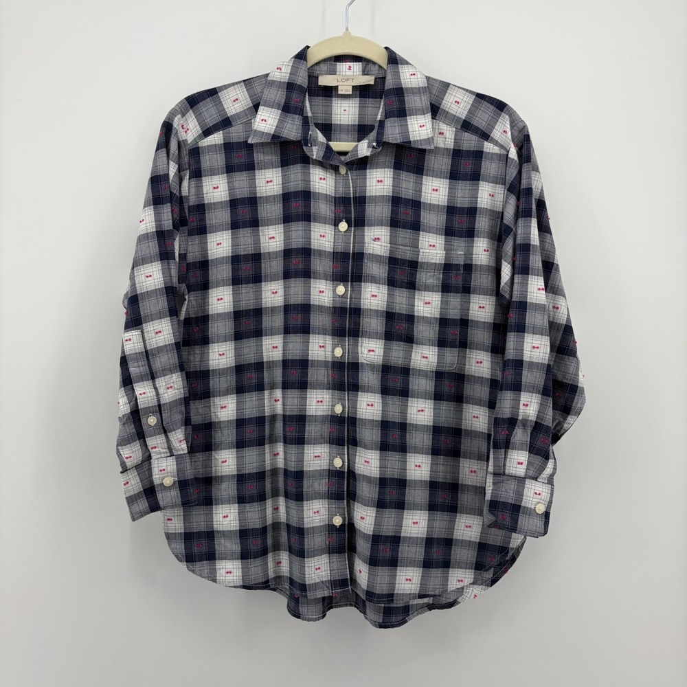 Loft Womens XXSP Navy Blue Plaid Pink Dotted Button Down Cotton Shirt Petites